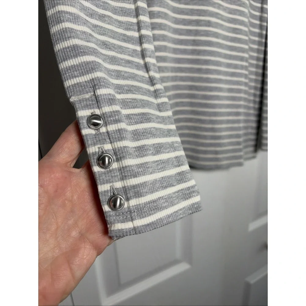 Talbots Striped Puff Sleeve Turtleneck Womens Size S Gray White‎ Ribbed Knit Top